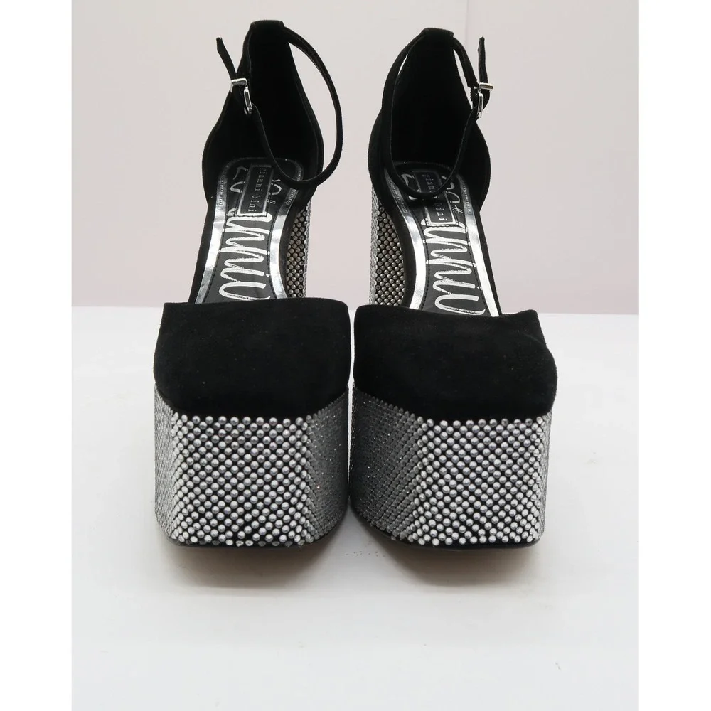 Gianni Bini Rhinestone Platform Heels Black Suede Block Heel Ankle Strap Pumps 8